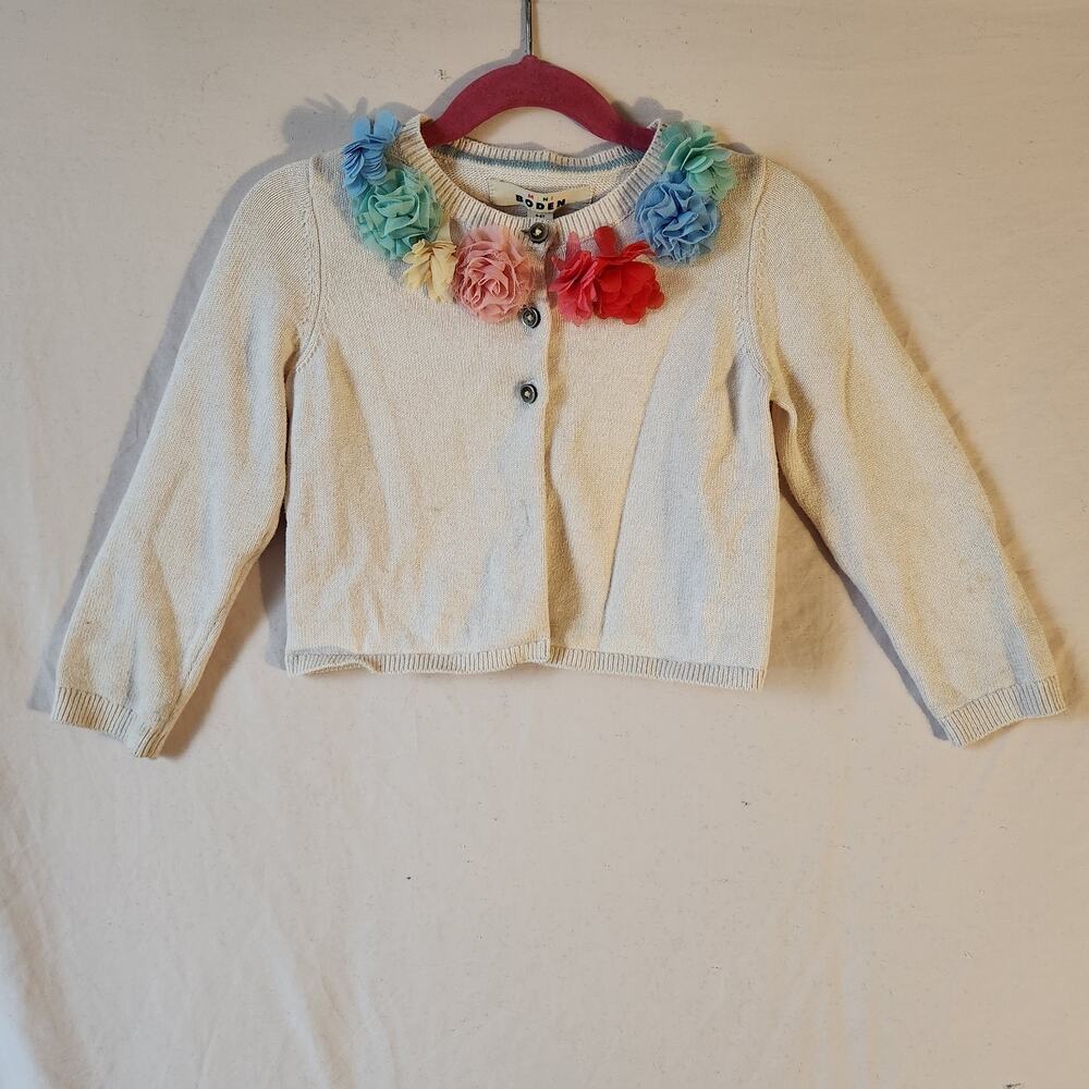 Mini Boden Girls Cream Cashmere Cotton Cardigan Size 4-5 Floral Sweater